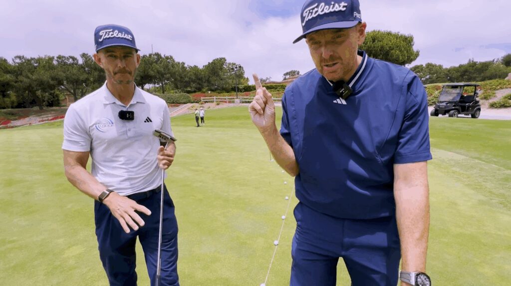 VIP Premium Golf Webinar: Green Reading Andy and Piers on a putting green discussing putting techniques.